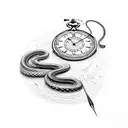 Arrow through a snake biting a broken pocket watch tattoo design idea