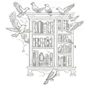 A bookshelf filled with history books and birds flying out of it tattoo design idea