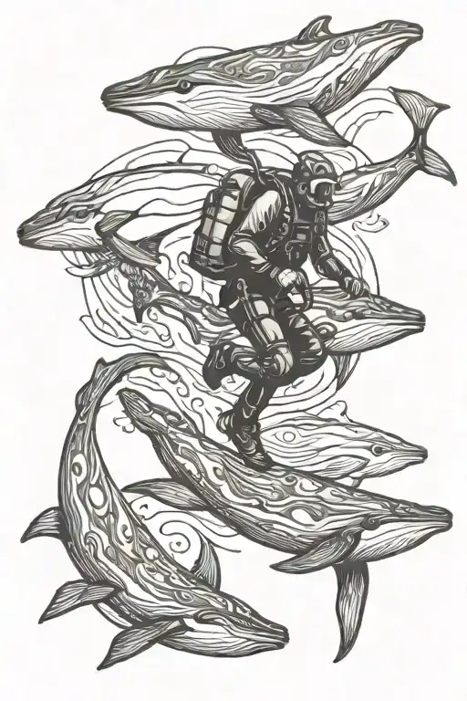 Scuba diver with whales swimming tattoo design idea