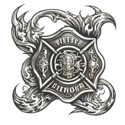 A firefighter emblem intertwined with flames and water tattoo design idea