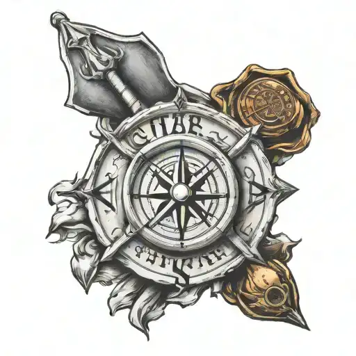 A realistic tattoo of a detailed compass rose with a traditional British firefighter's axe and helmet incorporated into the design tattoo design idea