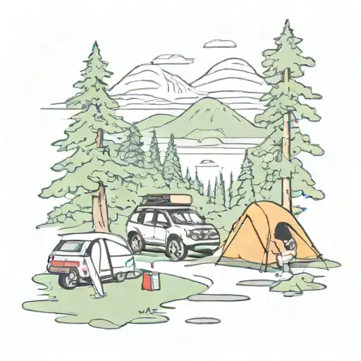 An old Ford Escape parked on a hill with a campsite, hammock, the Three Sisters in the background, river and forest tattoo design idea