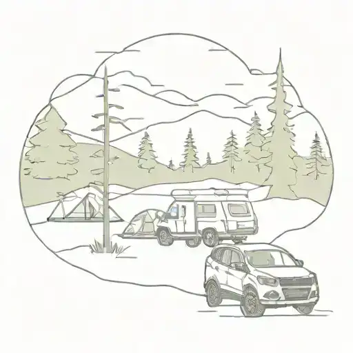 A 2010 Ford Escape parked on a hill with a campsite and bonfire, hammock and Three Sisters in the background, river and forest tattoo design idea