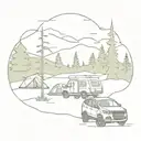 A 2010 Ford Escape parked on a hill with a campsite and bonfire, hammock and Three Sisters in the background, river and forest tattoo design idea