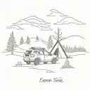 A 2010 Ford Escape parked on a hill with a campsite and bonfire, hammock and Three Sisters in the background, river and forest tattoo design idea