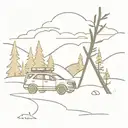 A 2010 Ford Escape parked on a hill with a campsite and bonfire, hammock and Three Sisters in the background, river and forest tattoo design idea