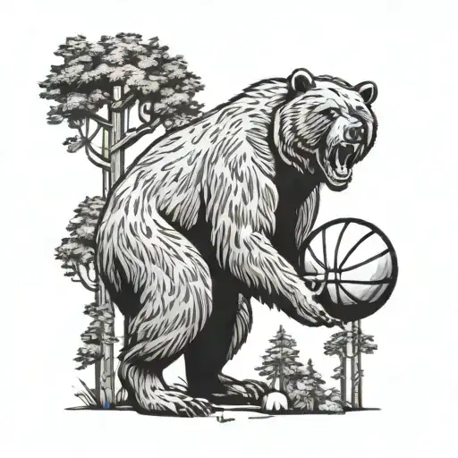 A grizzly bear shooting hoops in the middle of a forest clearing filled with basketballs tattoo design idea