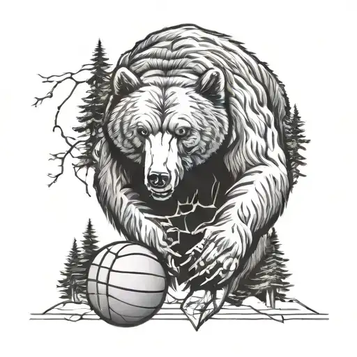 A basketball morphing into a forest grizzly bear tattoo design idea