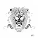 A lion who wants to roar but can't because his mouth is wrapped with a snake. tattoo design idea