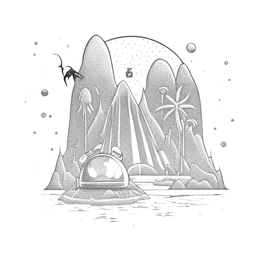 alien ufo beach scene tattoo design idea