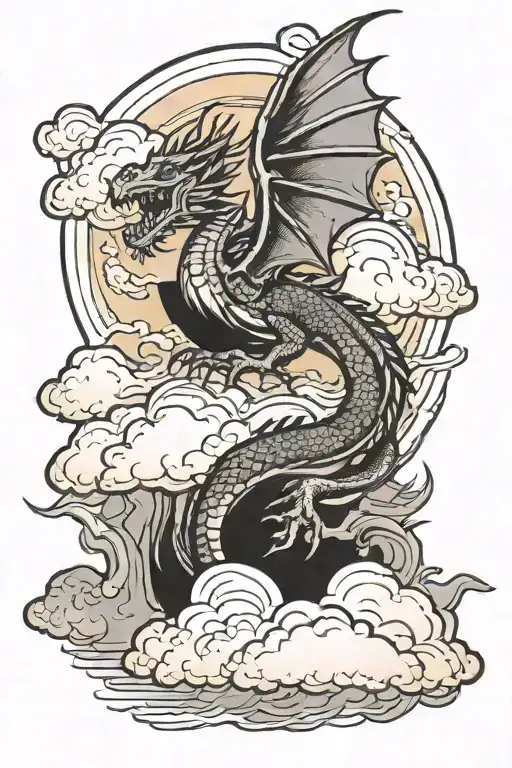  A dragon flying through the clouds to the sun setting tattoo design idea