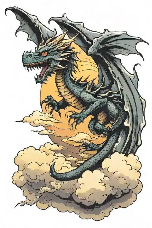  A dragon flying through the clouds to the sun setting tattoo design idea
