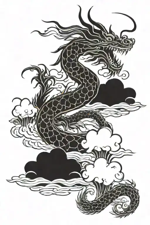  A dragon flying from the sea through the clouds to the sun tattoo design idea