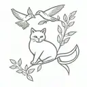 cat with a bird flying with an olive branch representing tattoo design idea