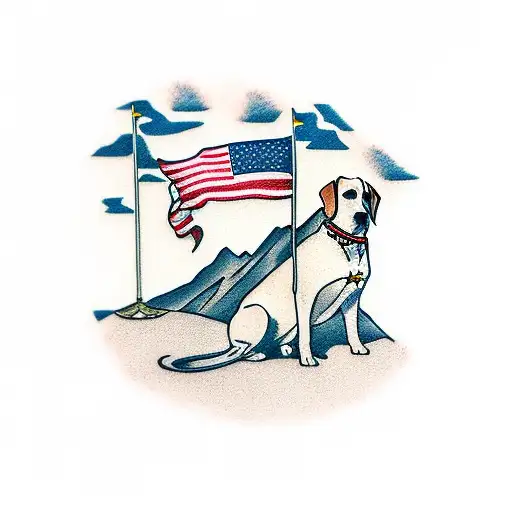 mountain scene with the USA Flag, an F-16 in the air, and a white beagle with brown spots tattoo design idea