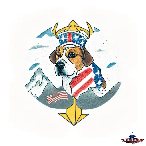 mountain scene with the USA Flag, an F-16 fighter jet in the air, and a white beagle with brown spots tattoo design idea