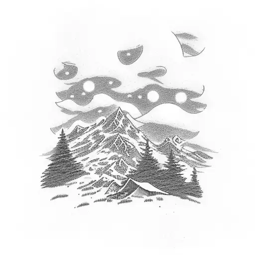 mountain valley with small campsite at the bottom and a white beagle with brown spots and the sky is a tattered USA Flag tattoo design idea