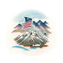 mountain scene with the USA Flag, an F-16 in the air, and a white beagle with brown spots tattoo design idea