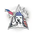 mountain scene with the USA Flag, an F-16 in the air, and a white beagle with brown spots tattoo design idea