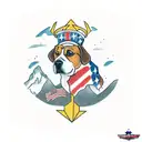mountain scene with the USA Flag, an F-16 fighter jet in the air, and a white beagle with brown spots tattoo design idea