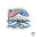 mountain scene with the USA Flag, an F-16 fighter jet in the air, and a white beagle with brown spots tattoo design idea
