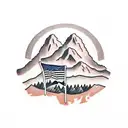 mountain scene with the USA Flag, an F-16 fighter jet in the air, and a white beagle with brown spots tattoo design idea