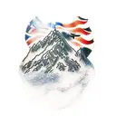 mountain scene with the USA Flag, an F-16 fighter jet in the air, and a white beagle with brown spots tattoo design idea