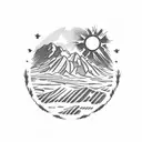 mountain valley with small campsite at the bottom and a white beagle with brown spots and the sky is a tattered USA Flag tattoo design idea