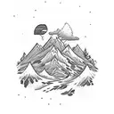 mountain valley with small campsite at the bottom and a white beagle with brown spots and the sky is a tattered USA Flag tattoo design idea