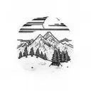 mountain valley with small campsite at the bottom and a white beagle with brown spots and the sky is a tattered USA Flag tattoo design idea