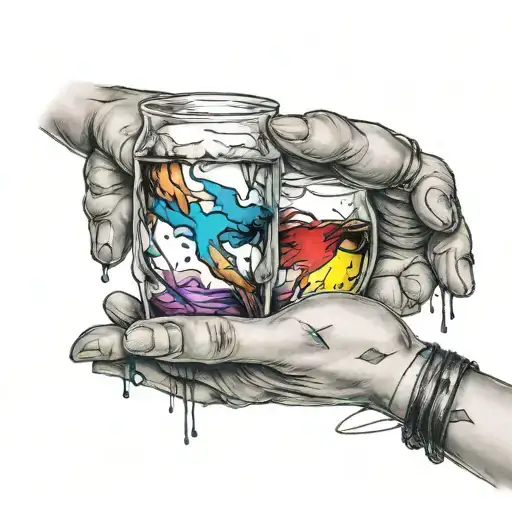 holding hands while there's a glass and wire with blood of between hands and bandage of rainbow color tattoo design idea