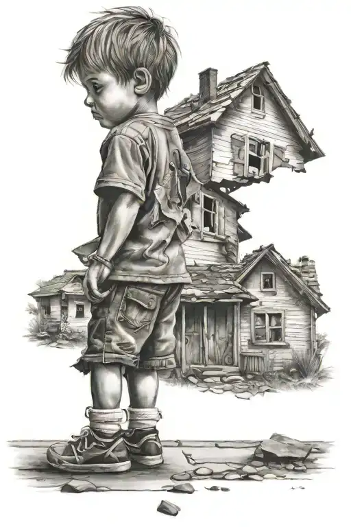 a kid who is looking back to their house. a kid who is standing infront of their house and holding a broken pieces tattoo design idea