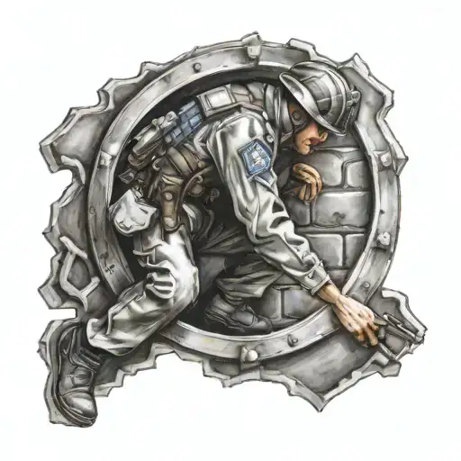 Soldier climbing a wall fortress with a police badge on their uniform tattoo design idea