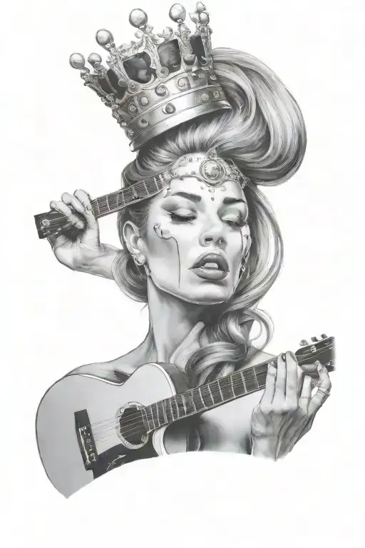 torso of woman with crown on her head playing guitar and crying tattoo design idea
