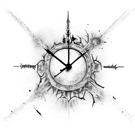 A gothic clock tower with horror motifs like blood splatters and spider webs tattoo design idea