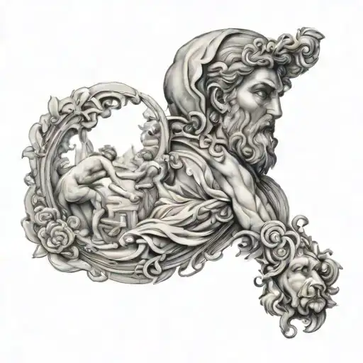 A sleeve tattoo featuring various scenes from Greek mythology involving Zeus tattoo design idea