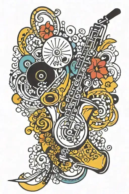 electric flowers saxo disc musical notes funky  tattoo design idea