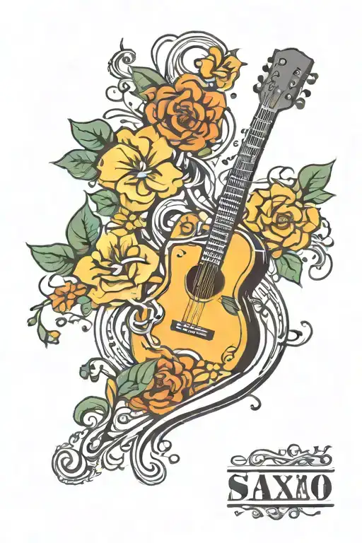 guitar flowers saxo disc musical notes tattoo design idea