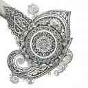 silver swirls of triangles and circles up the arm in a henna pattern  tattoo design idea