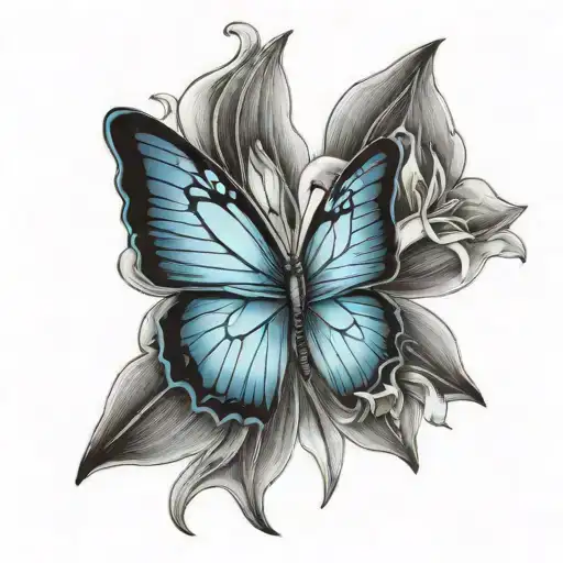 Blue butterfly open wings with lily flower on the side tattoo design idea