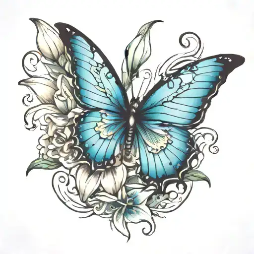 Blue butterfly open wings with lily flower on the side tattoo design idea