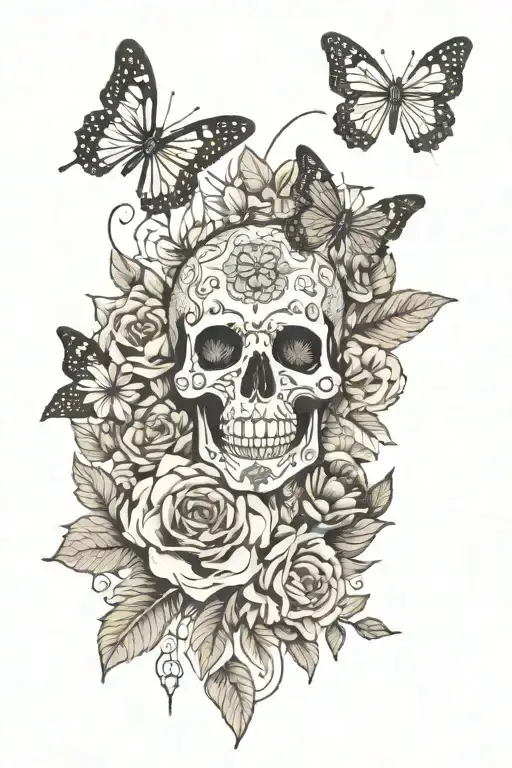 A minimalist design featuring a mix of lace, skulls, flowers, and butterflies in a harmonious composition, mandela  tattoo design idea