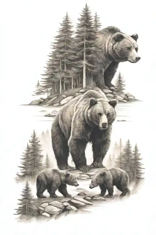 Bear Family of 4, Mountain, Spruce Trees, creek, 2 birds flying, Tattoo Sleeve tattoo design idea
