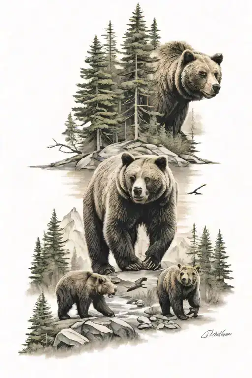 Bear Family of 4, Mountain, Spruce Trees, creek, 2 birds flying, Tattoo Sleeve tattoo design idea
