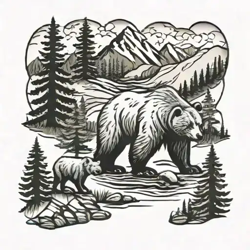 Bear Family of 4, Mountain, Spruce Trees, creek, 2 birds flying, Tattoo Sleeve tattoo design idea