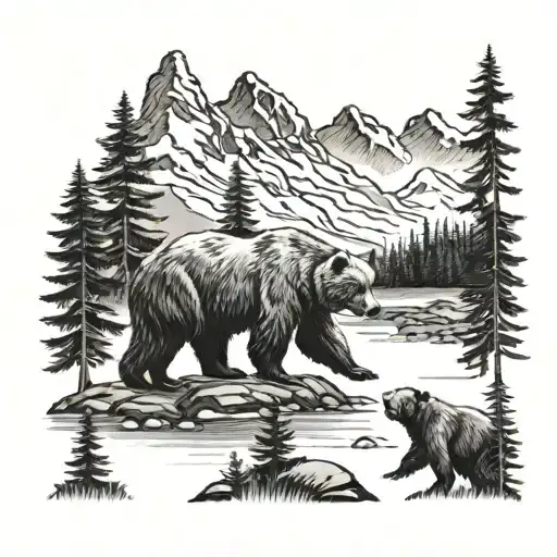 Bear Family of 4, Mountain, Spruce Trees, creek, 2 birds flying,  tattoo design idea
