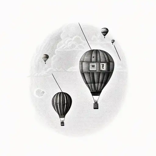 of a town on the horizon and an air balloon where inside there is a child and two grandparents and the words AJEB, NO.S  tattoo design idea