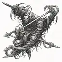 a monster with a scythe slashing the heads of multiple black work scarecrows tattoo design idea