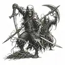 a monster with a scythe slashing the heads of multiple black work scarecrows tattoo design idea