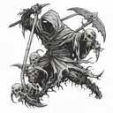 a monster with a scythe slashing the heads of multiple black work scarecrows tattoo design idea